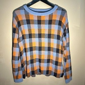 EUC Ann Taylor blue orange contrasting check crew neck, split hem sweater sz XS